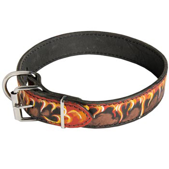 Buckle Leather Dog Collar with Fire Flames for Collie