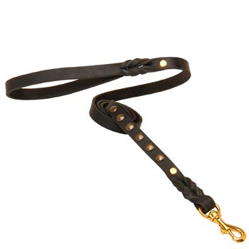 Strong Black Leather Collie Leash Fashion Studs Adorned