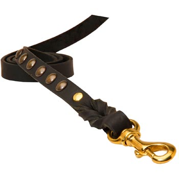 Leather Dog Leash Studded Equipped with Strong Brass Snap Hook for Collie